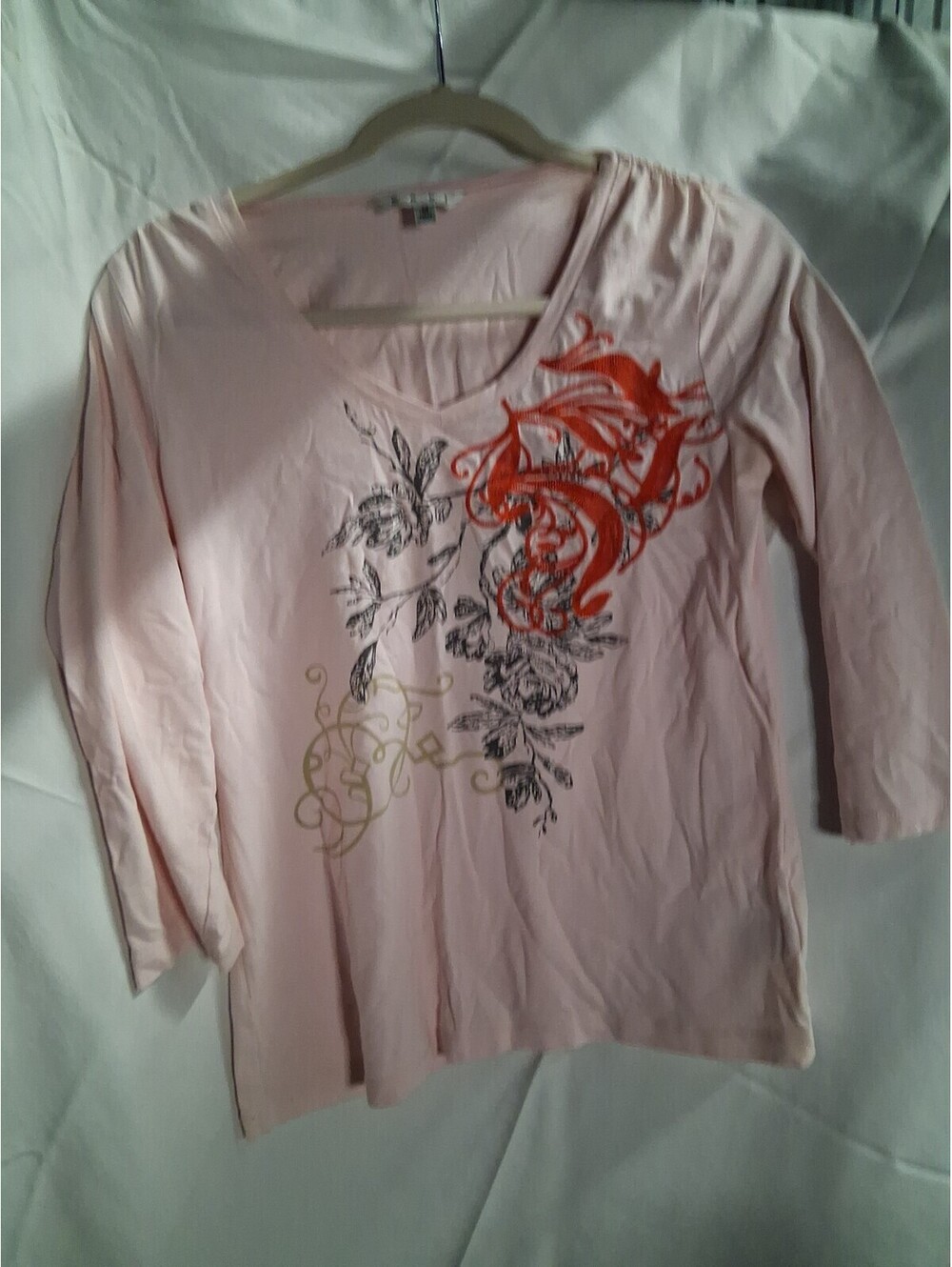 Cabi Women's Shirt Medium Pink 3/4 Sleeve Embroidered M2